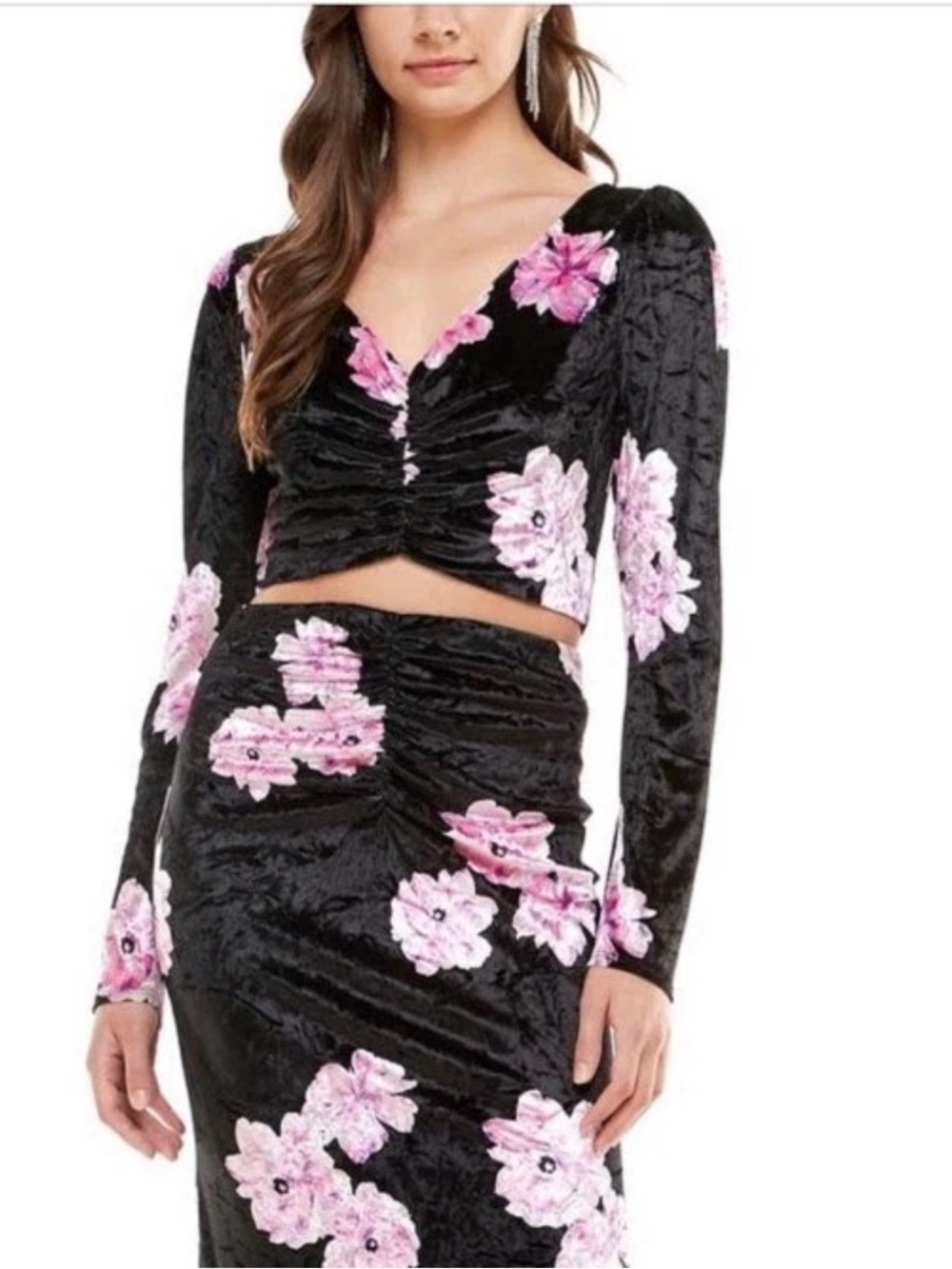 Wayf Black Velvet Ruched Crop Top with Pink Floral Embroidery
